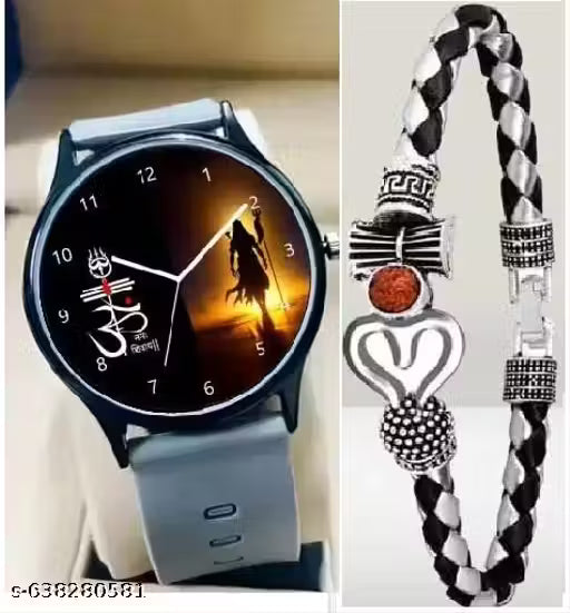 Gold Shivay Grey With Silver Damru Combo Watch For Men Boys